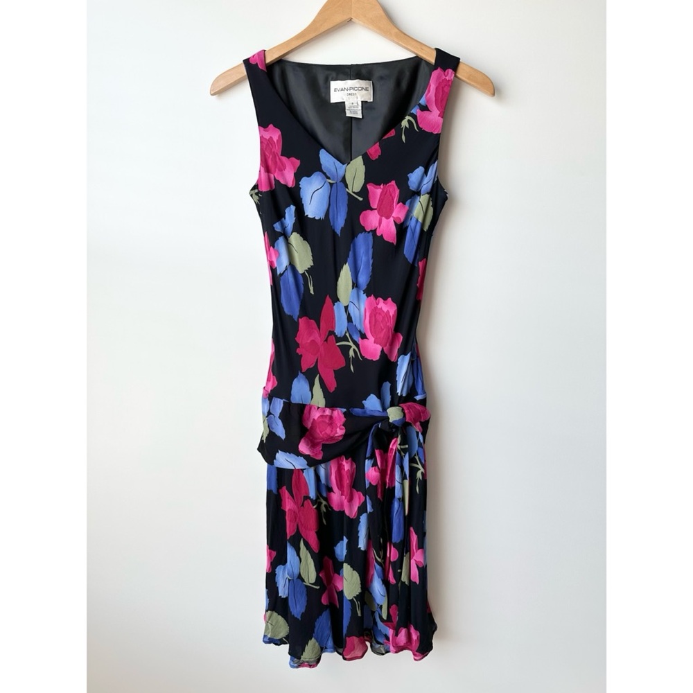 Vintage Evan Picone Sleeveless Floral Tie Front Midi Dress